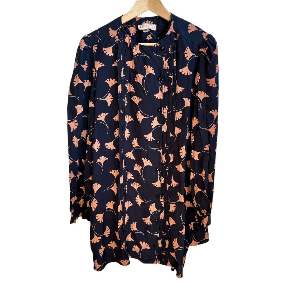 Vintage 70s J.H. Paul Floral Neck Snap Dress Black/Peach Long Sleeve Sz M/L - Picture 1 of 12
